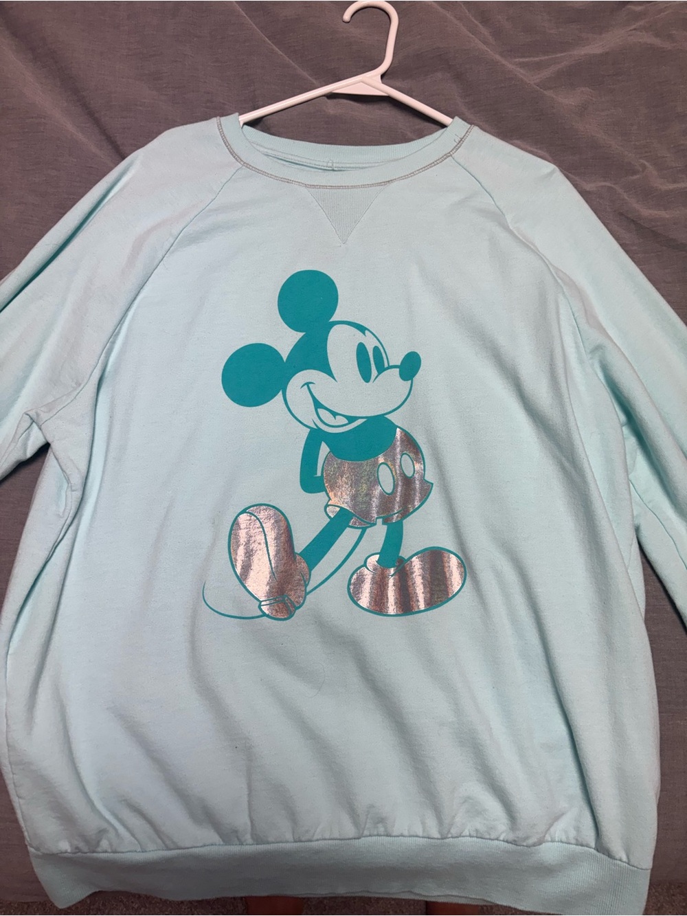Disney Light Blue Sweatshirt with Teal Mickey and Silver Accents